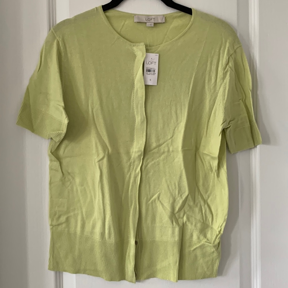 NWT LOFT Light Green 100% Pima Cotton Knit Button Front Short Sleeves Top Size S